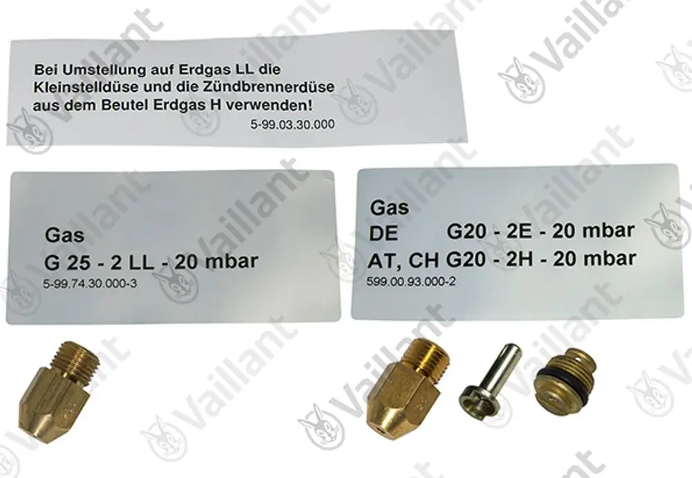 Vaillant Umstellsatz mit diversen Gasadaptern und Montagehinweisen. Enthält Komponenten zur Umstellung auf Erdgas sowie technische Informationen zu Gasdrücken.